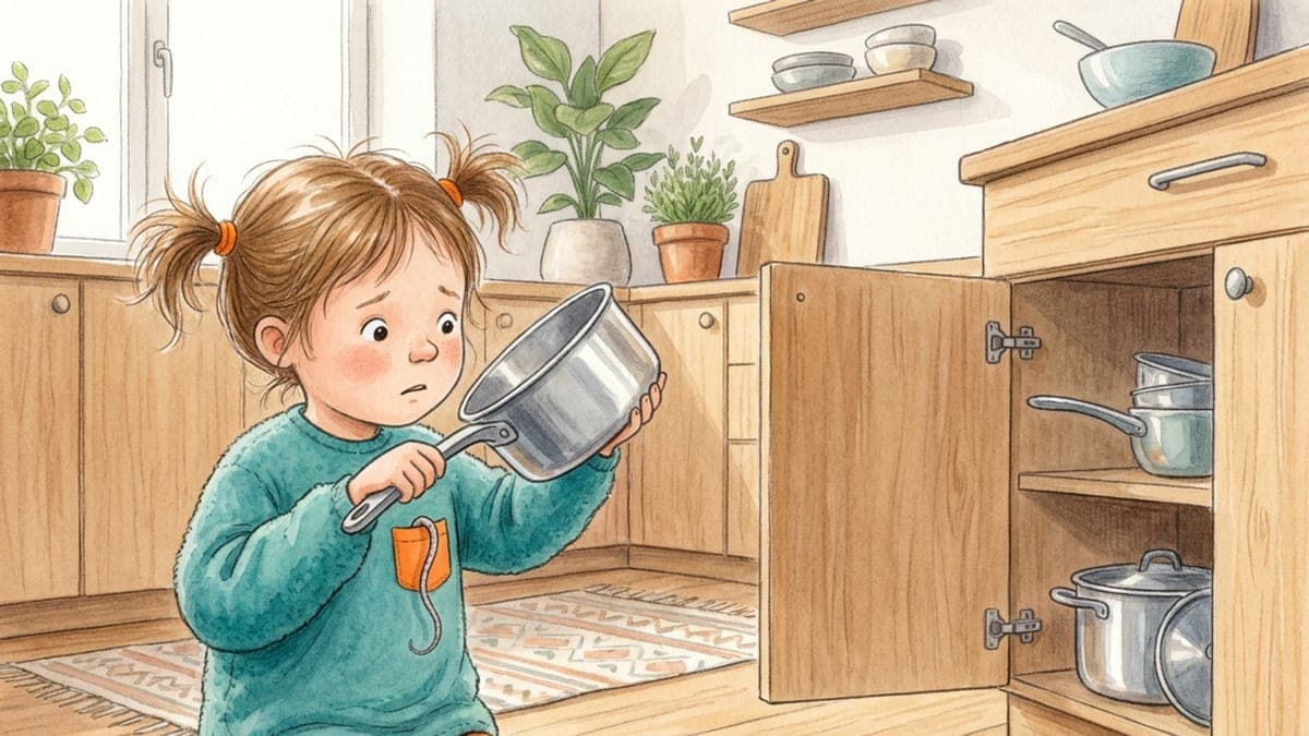 Ett litet barn sitter på köksgolvet med ett kastrullock i handen och tittar fundersamt in i ett öppet skåp