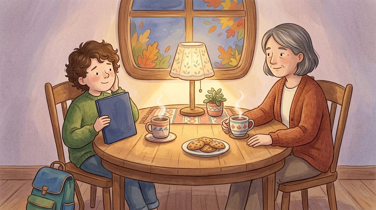 Illustration av en förälder och ett barn i tolvårsåldern som sitter vid köksbordet och pratar lugnt om skolan
