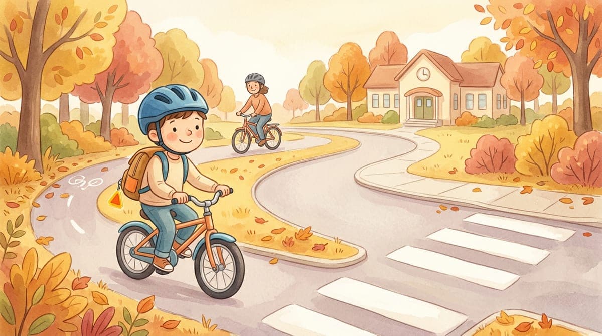 Illustration av ett barn med cykelhjälm som cyklar mot en skola på en cykelbana en höstmorgon, med en förälder som cyklar en bit bakom