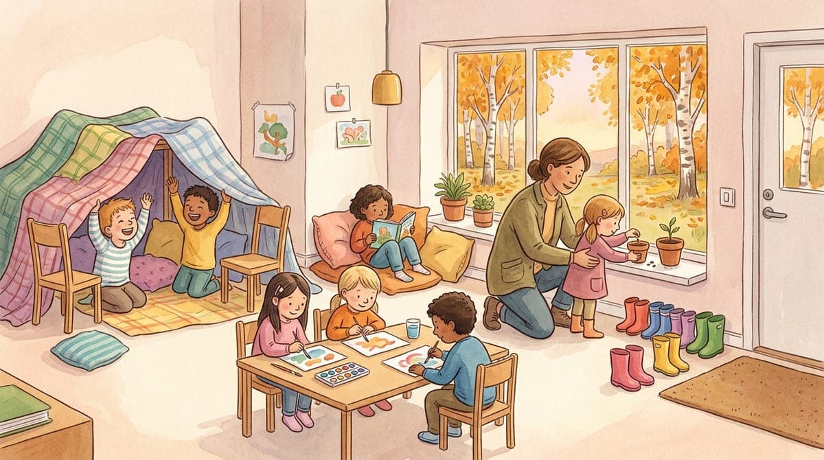 Illustration av barn som bygger en koja, målar och läser tillsammans på ett fritidshem en hösteftermiddag medan en pedagog hjälper till