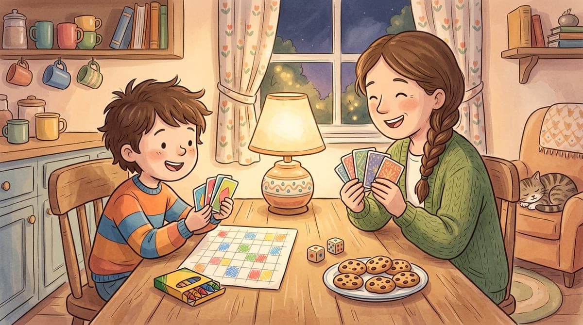 Ett barn och en förälder spelar kort vid köksbordet bredvid ett rutat papper där några rutor är färglagda.