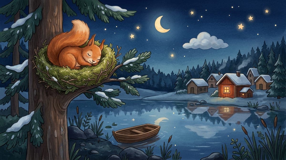 Illustration av en liten ekorre som sover i sitt bo i en gran, med en stilla sjö, en roddbåt och ett litet moln över en sovande by under stjärnhimlen
