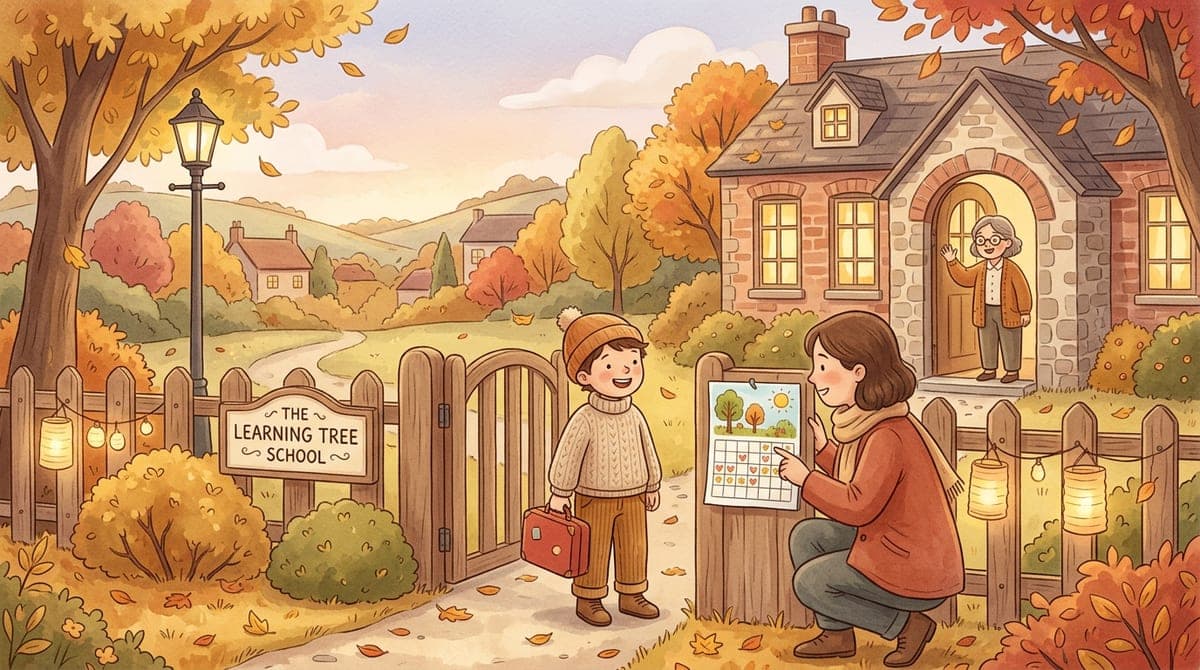 Illustration av ett barn med en liten resväska vid skolgrinden medan en förälder tittar i en kalender