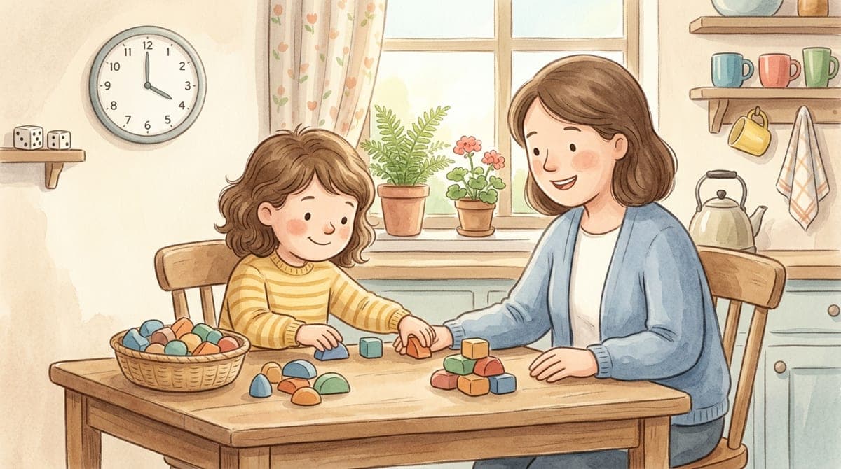 Illustration av ett barn i sjuårsåldern som räknar färgglada klossar i två högar vid köksbordet medan en förälder ler bredvid