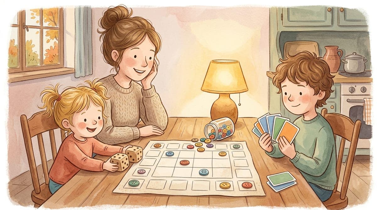 Illustration av en förälder och två barn som spelar kort och slår tärningar vid ett köksbord, med ett rutat spelbräde och en hög knappar mellan sig.