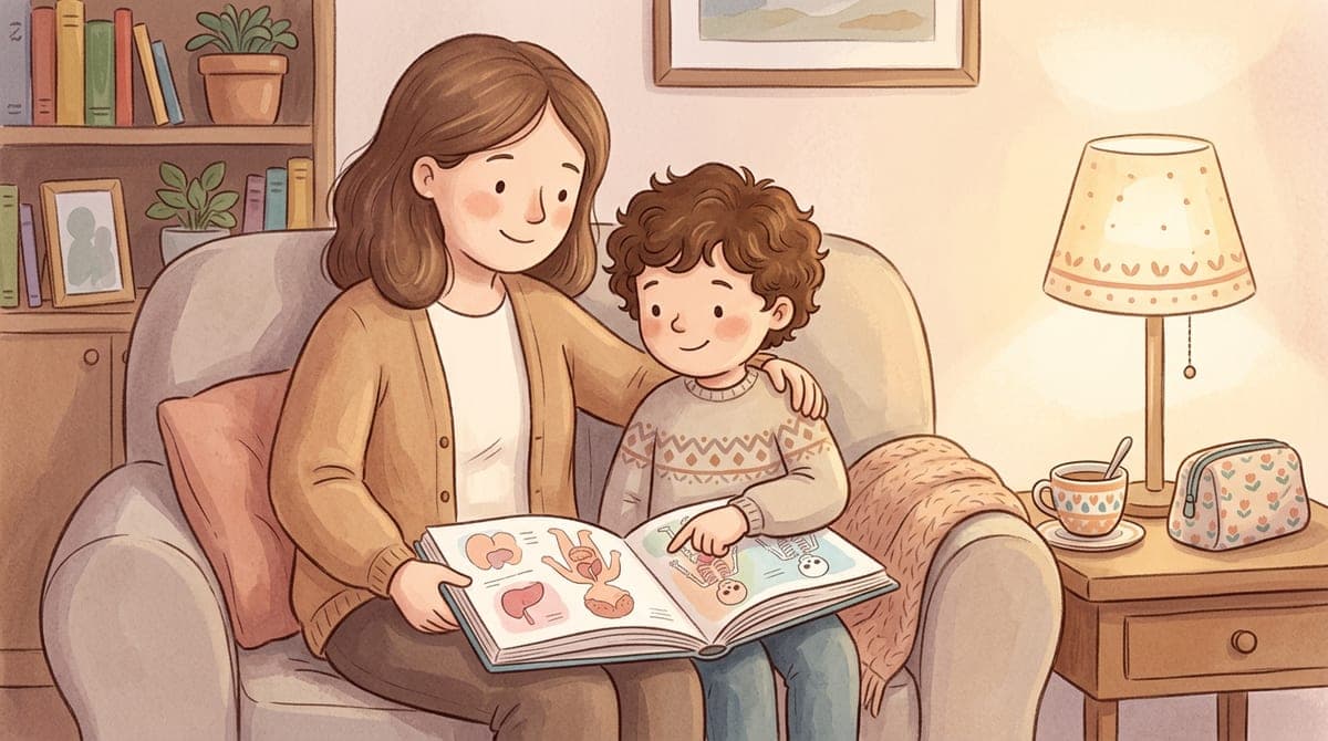 Illustration av en förälder och ett barn i mellanstadieåldern som sitter i en soffa och bläddrar i en bok om kroppen.