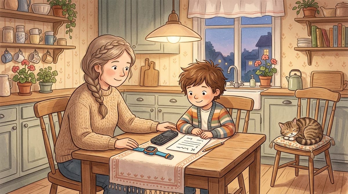 Illustration av en förälder och ett barn vid köksbordet som tillsammans tittar på en enkel mobiltelefon och en smartklocka