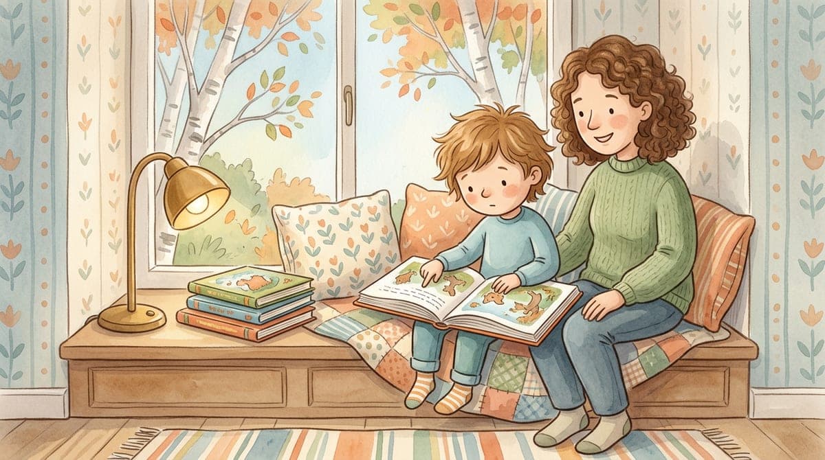 Illustration av ett barn i sjuårsåldern som följer raden med fingret i en bilderbok medan en förälder lyssnar i en mysig läshörna.