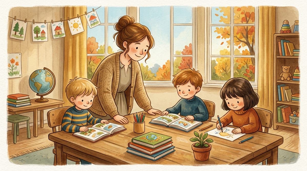 Illustration av en lärare och tre barn som läser i pappersböcker vid ett träbord i ett varmt höstljust klassrum