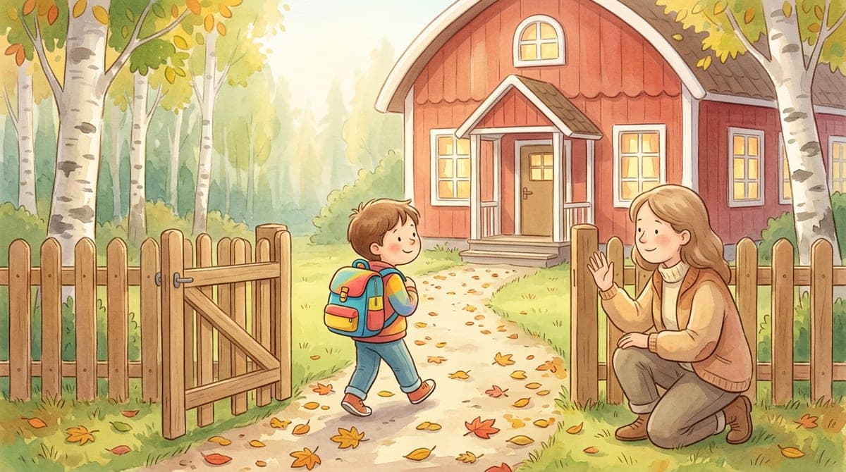 Illustration av en sexåring med stor ryggsäck som går in genom en skolgrind i höstsol medan en förälder vinkar