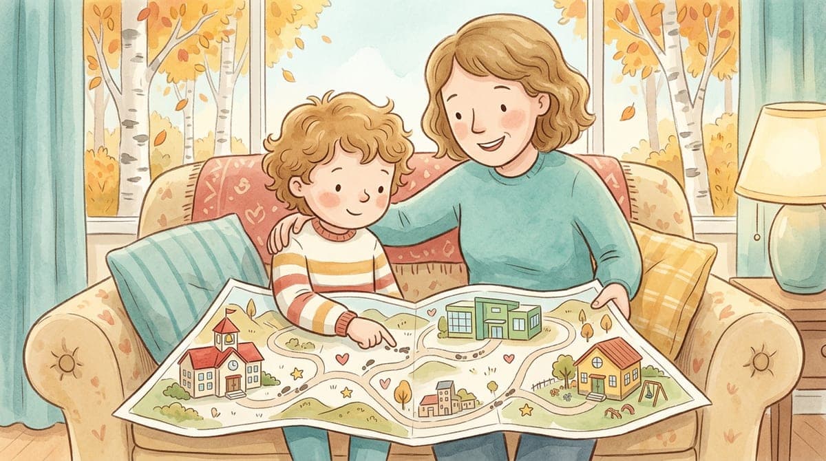Illustration av en förälder och ett barn som tittar på en karta över en liten stad med tre skolor och slingrande vägar dit