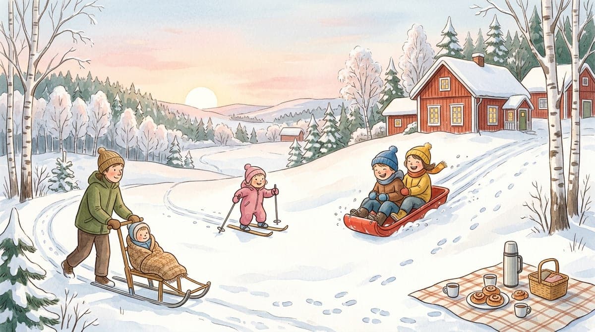 Barn som åker pulka och skidor i en snöig backe vid röda trähus, medan en förälder drar ett litet barn i en kälke.