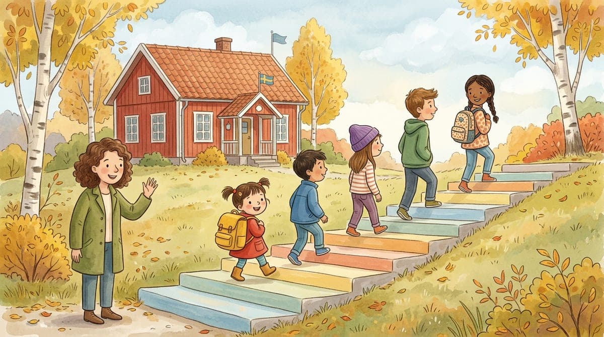Illustration av barn i olika åldrar som går uppför en trappa med tio trappsteg mot en skolbyggnad i höstsol