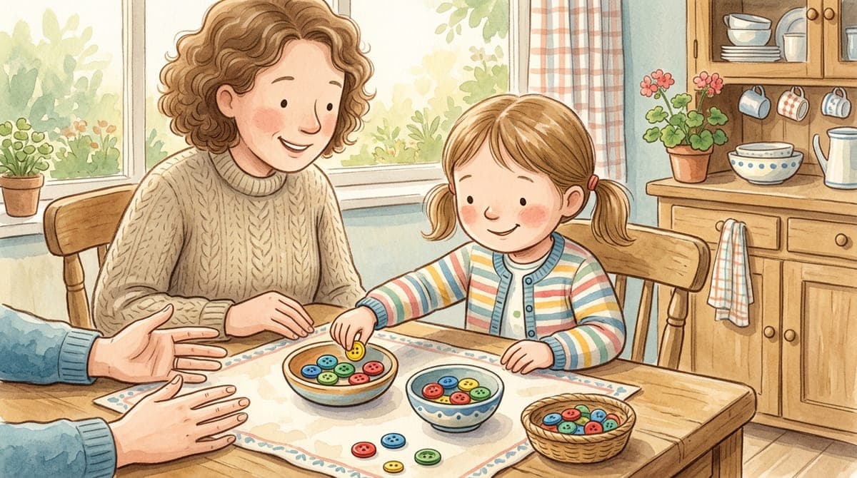 Illustration av ett barn vid köksbordet som delar upp tio färgglada knappar i två högar medan en förälder ler bredvid