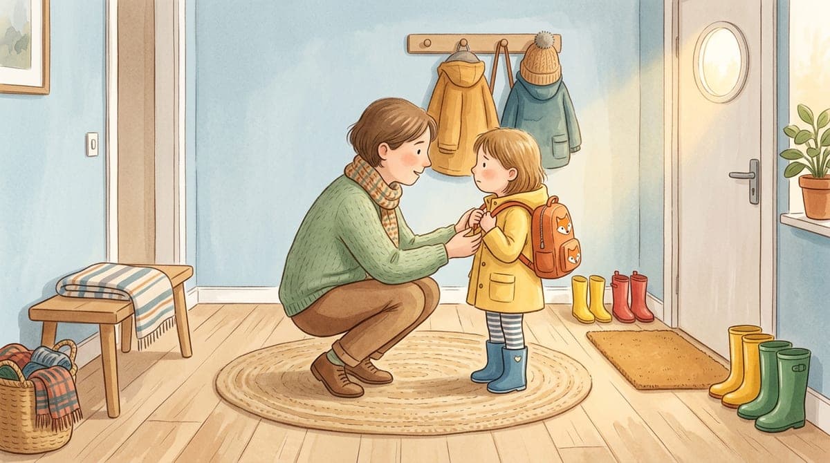 Illustration av en förälder som sitter på huk i hallen och tröstar ett barn med skolväska en tidig höstmorgon