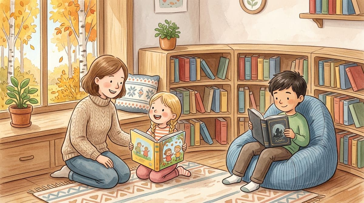 Illustration av en förälder och två barn som väljer böcker tillsammans på barnavdelningen i ett bibliotek en höstdag.