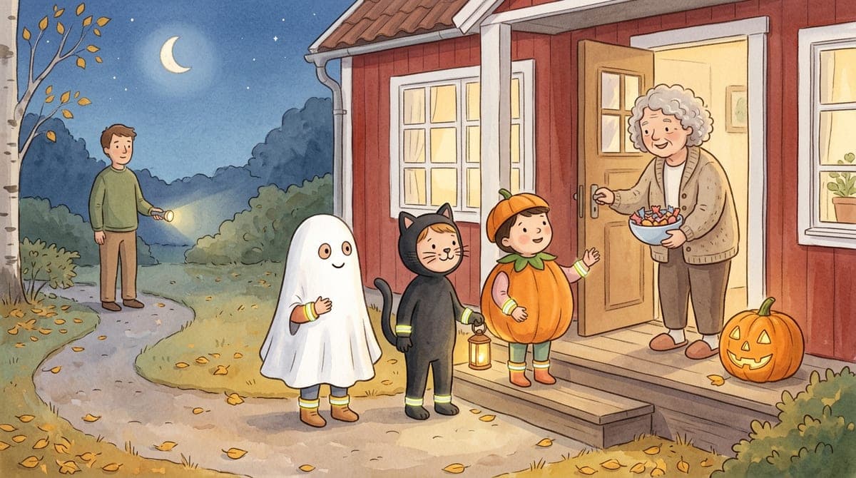 Illustration av utklädda barn med reflexer och en lykta som ringer på hos en granne där en tänd pumpa står på trappan en mörkblå höstkväll