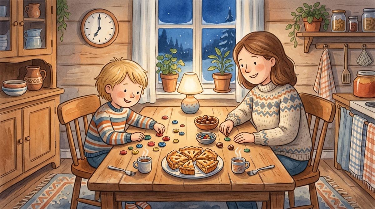 Illustration av ett barn och en förälder vid köksbordet som räknar färgglada knappar och kastanjer tillsammans i lugn och ro