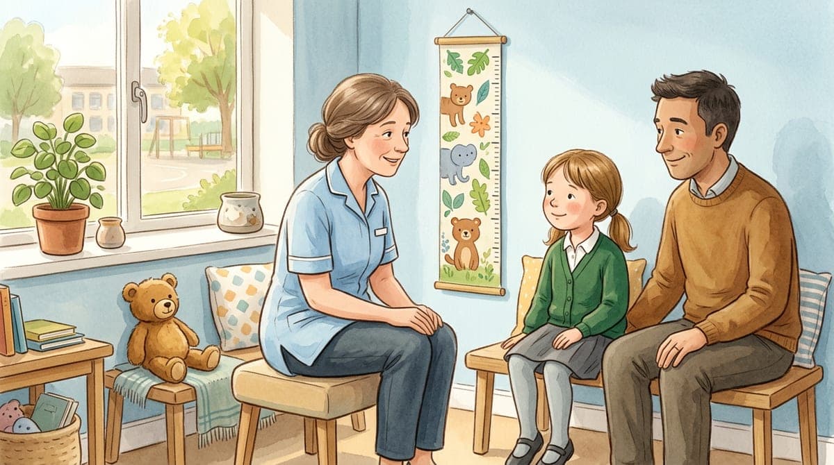 Illustration av en vänlig skolsköterska som pratar med ett barn och en förälder i ett ombonat mottagningsrum på skolan.