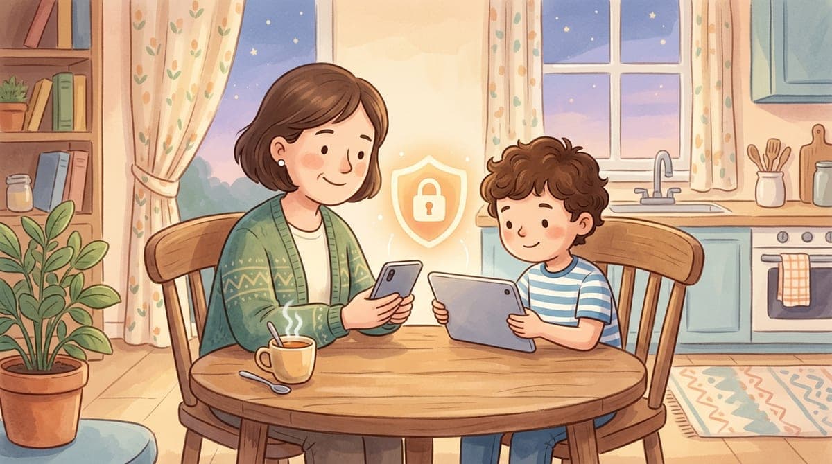 Illustration av en förälder och ett barn som sitter tillsammans och ställer in föräldrakontroll på en telefon och en surfplatta vid köksbordet