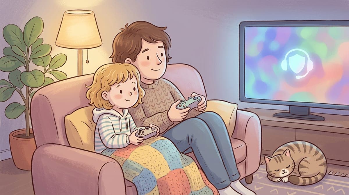 Illustration av en förälder och ett barn som sitter tillsammans vid en spelkonsol i soffan, med en hjälm och en liten sköld som lyser lugnt på skärmen