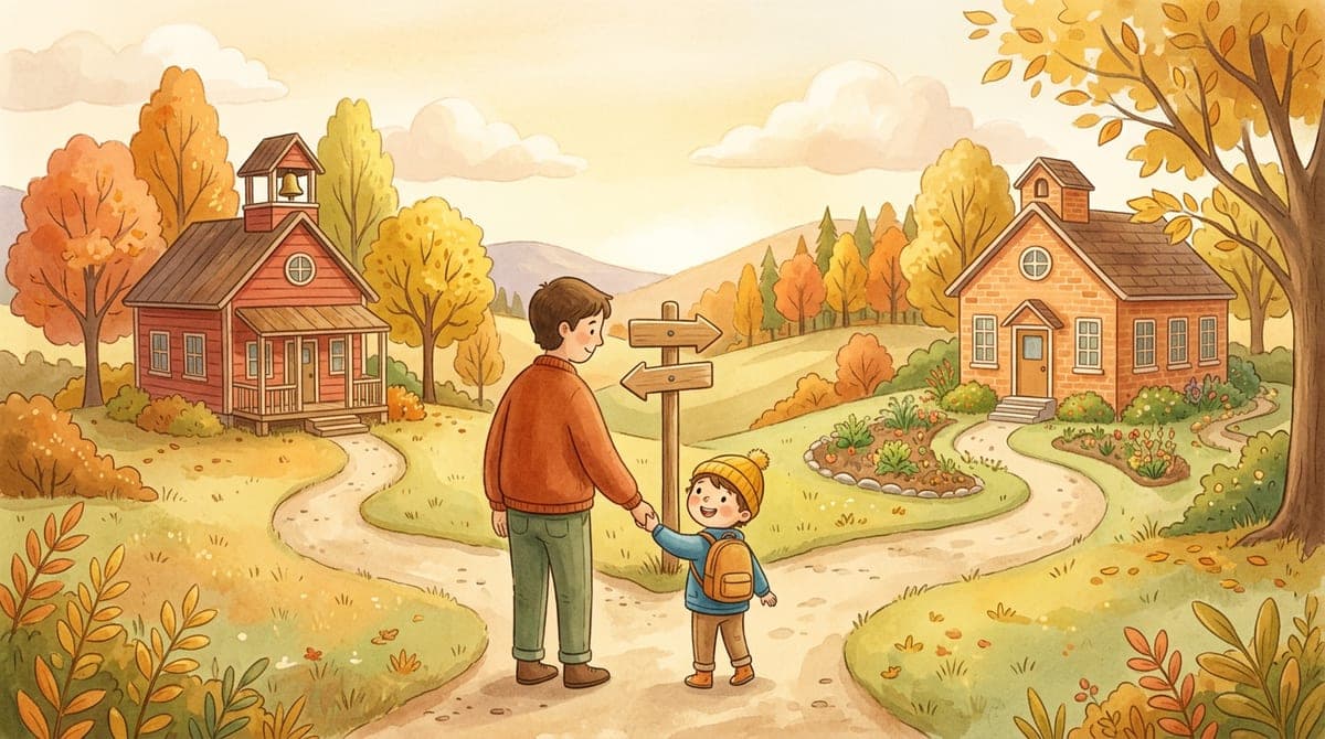 Illustration av en förälder och ett barn vid en vägskylt där stigen delar sig mot två olika skolhus