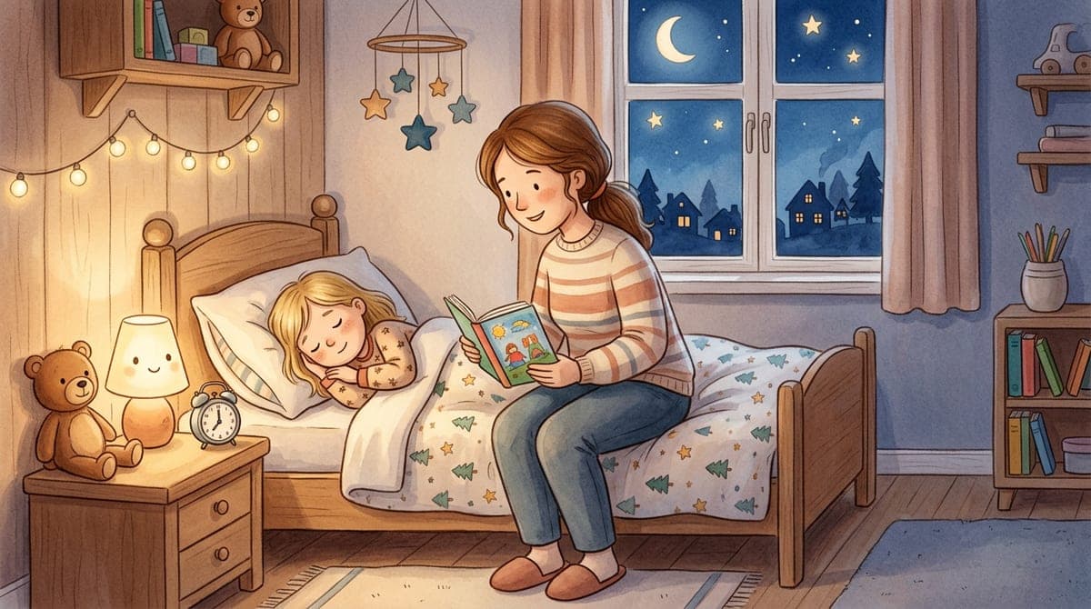 Illustration av en förälder som läser en godnattsaga för ett barn i en mysig säng i skenet från en nattlampa