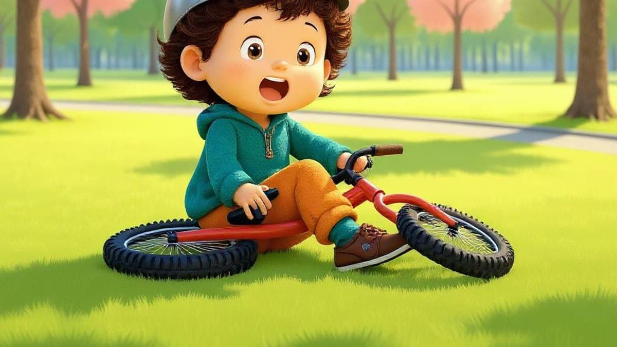 En pojke med cykelhjälm sitter i gräset bredvid en cykel som ramlat omkull