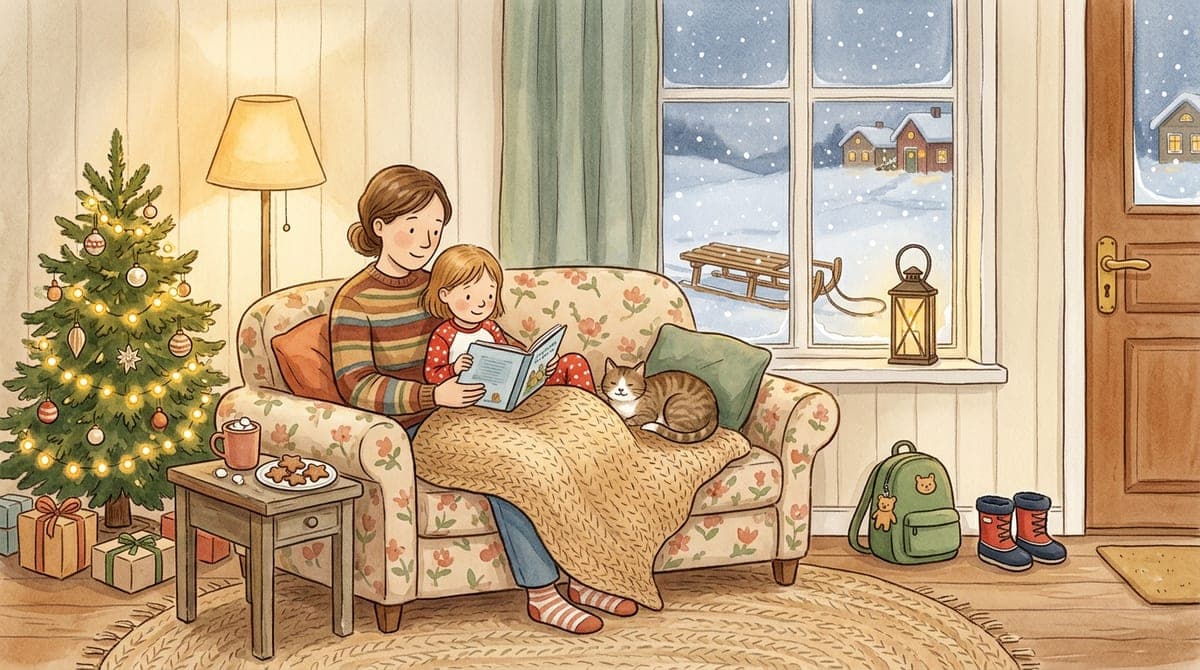 Illustration av ett barn och en förälder som läser i soffan en snöig vinterkväll, med en packad skolväska vid dörren och snö som faller utanför fönstret