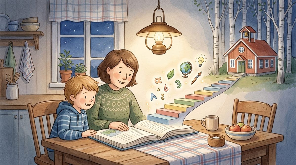 Illustration av en förälder och ett barn som sitter vid köksbordet och bläddrar i en stor bok med trappsteg som leder upp mot en skolbyggnad