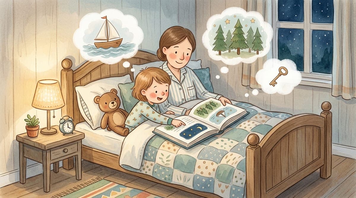 En förälder och ett barn sitter i en säng med en uppslagen sagobok, och barnet pekar fundersamt på en bild i boken