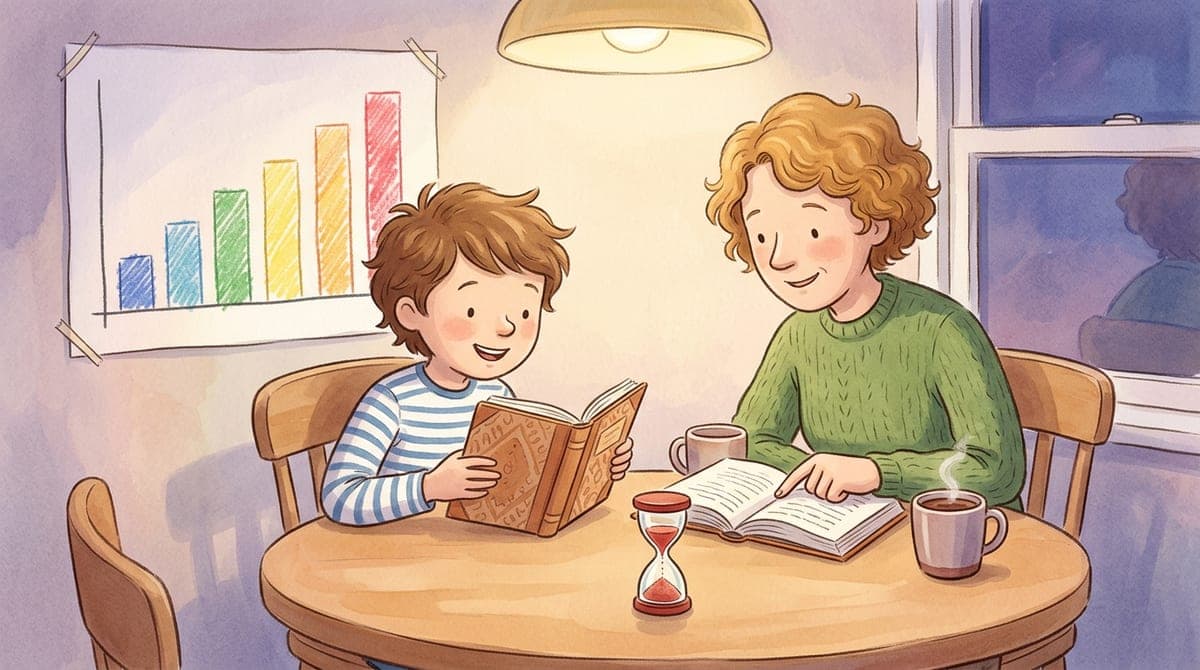 Illustration av ett barn som läser högt ur en bok vid köksbordet medan en förälder följer med i texten och ett litet timglas rinner bredvid.