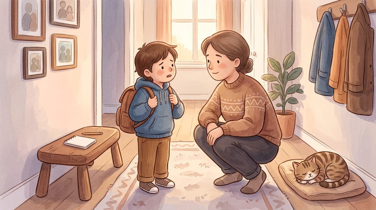 Illustration av en förälder som sitter på huk och lyssnar på ett ledset skolbarn med ryggsäck, med ett anteckningsblock bredvid sig