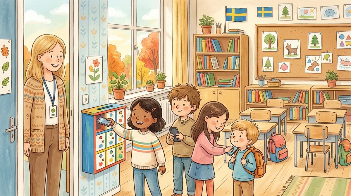 Illustration av ett klassrum där elever lämnar sina mobiler i en färgglad förvaringslåda vid dörren innan lektionen börjar