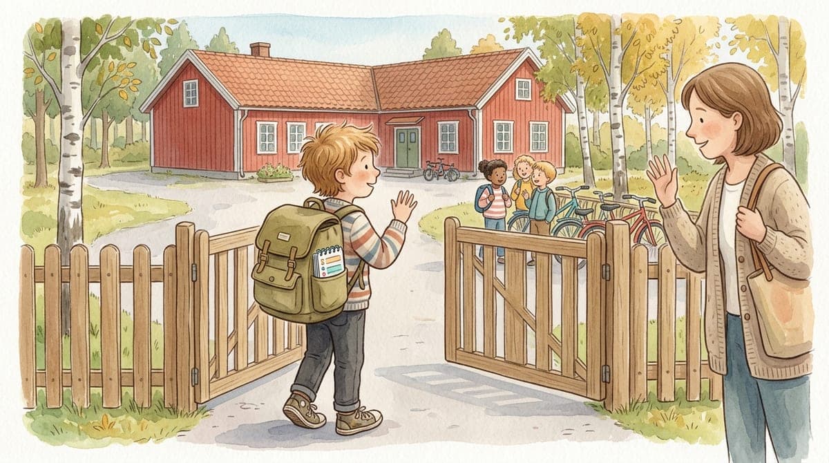 Illustration av ett barn med ryggsäck som står vid en skolgrind på hösten och vinkar till en förälder, med nya klasskompisar och en större skolbyggnad i bakgrunden