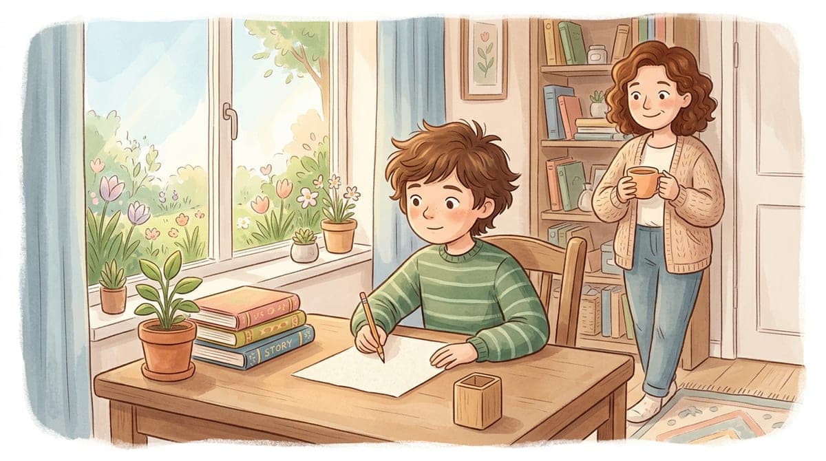 Illustration av ett barn i tolvårsåldern som sitter lugnt vid ett skrivbord med penna och papper medan en vuxen ler uppmuntrande i bakgrunden.
