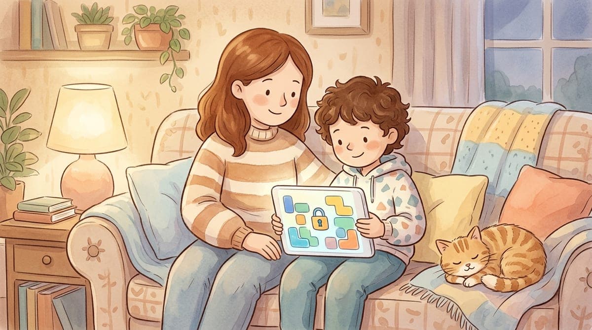 Illustration av en förälder och ett barn som sitter tätt ihop i soffan och tittar på spelinställningar på en surfplatta