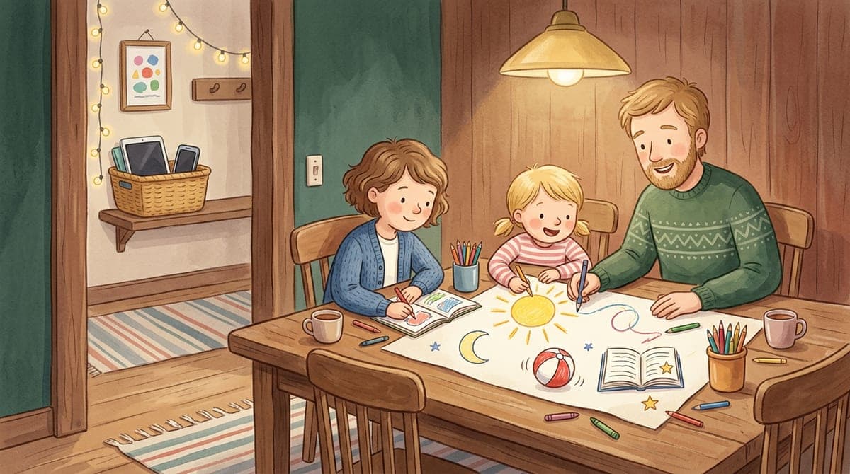 Illustration av en familj som tillsammans ritar upp sin skärmplan vid köksbordet medan surfplattor laddar i en korg i hallen