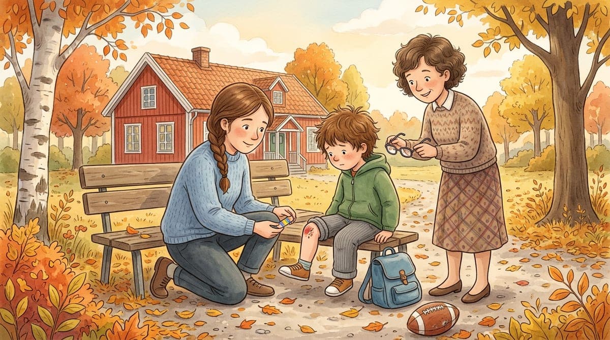 Illustration av en förälder som sätter ett plåster på ett barns knä på en skolgård medan en lärare håller barnets glasögon