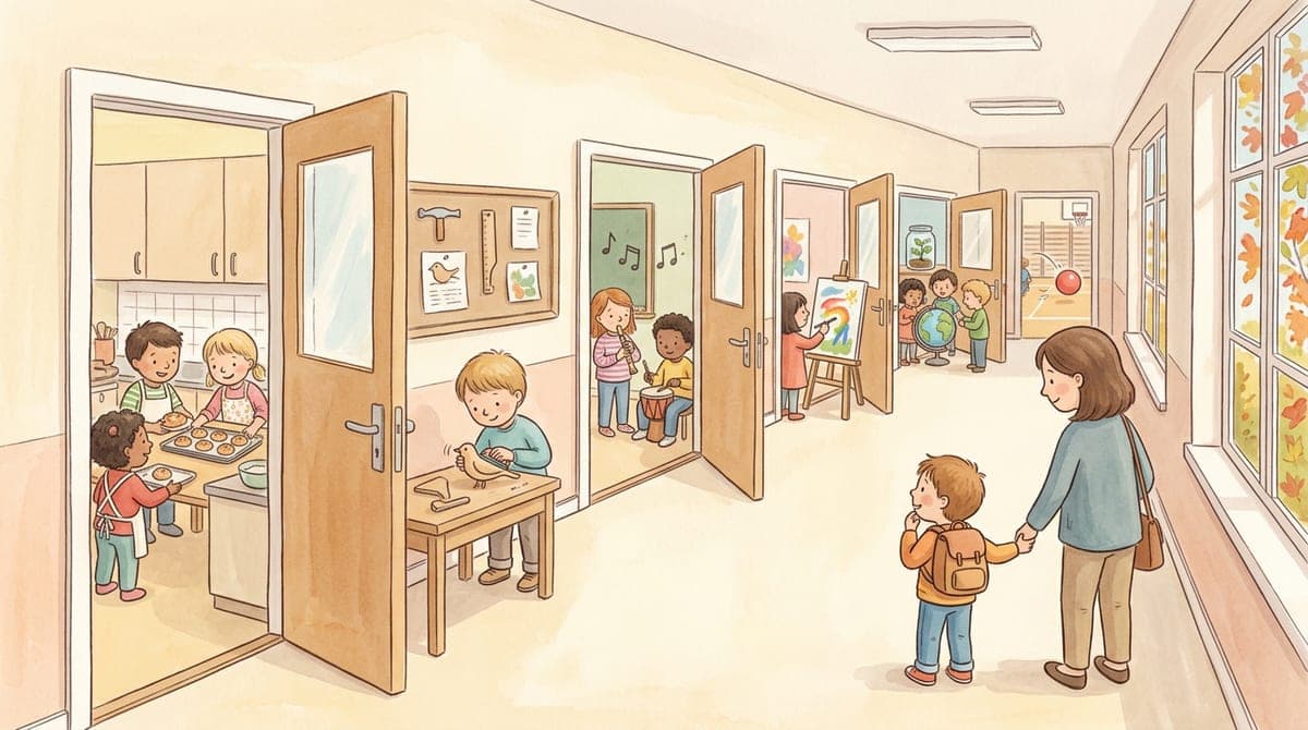 Illustration av en skolkorridor där öppna dörrar visar olika ämnen: barn som bakar, snickrar, spelar musik, målar och tittar på en jordglob
